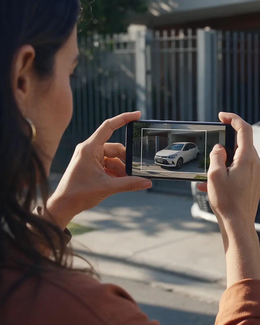 Pessoa fotografa o carro com o celular para a vistoria